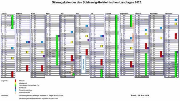 Blick auf den Sitzungskalender mit einer übersicht über die zehn Plebnartagungen des Schleswig-Holsteinischen Landtages im Jahr2025